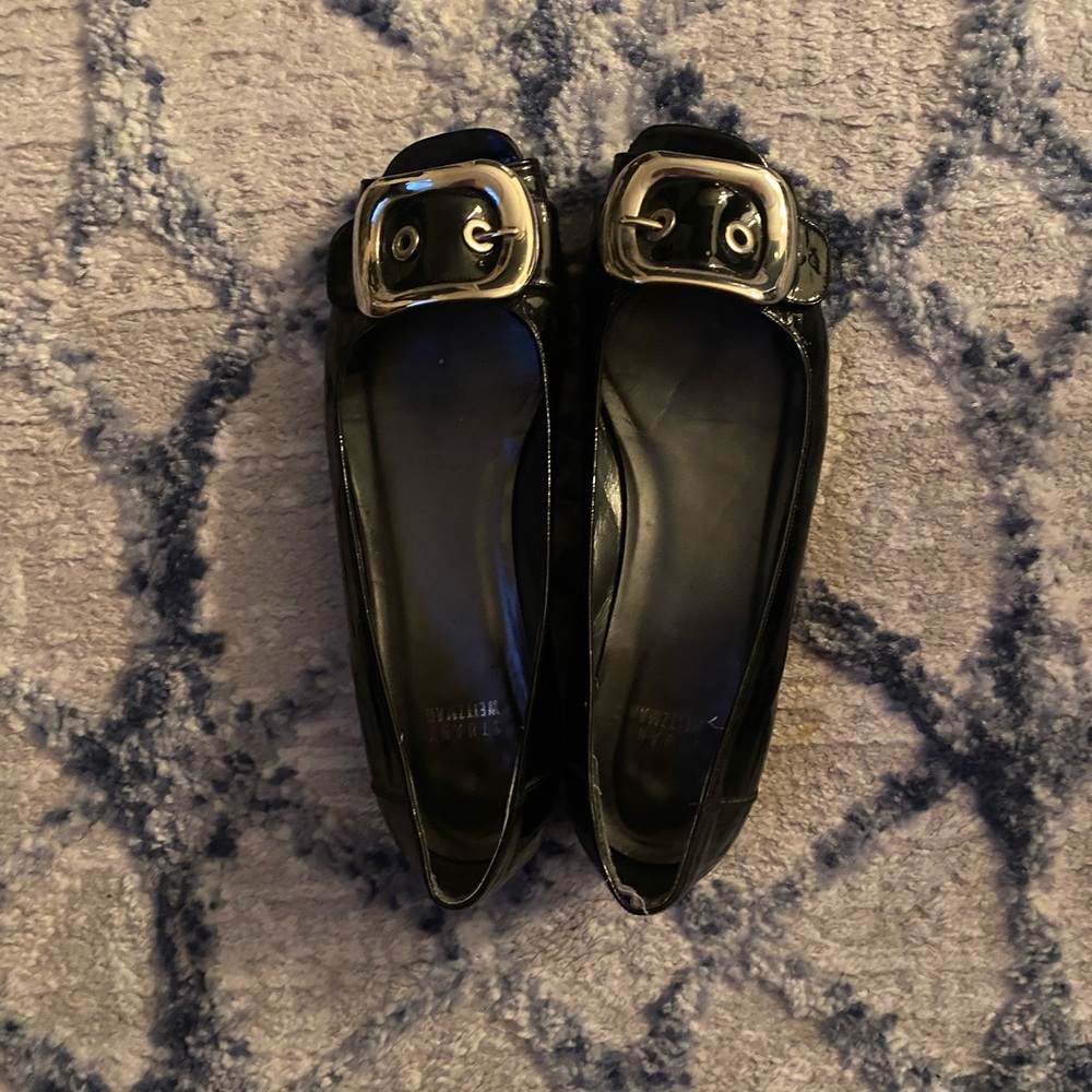 Stuart Weitzman Patent Peep-toe Buckle Flats